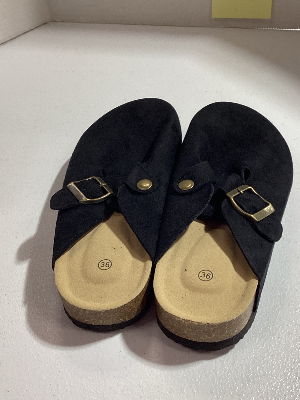 Black Suede Slip-On Clogs with Buckle Detail